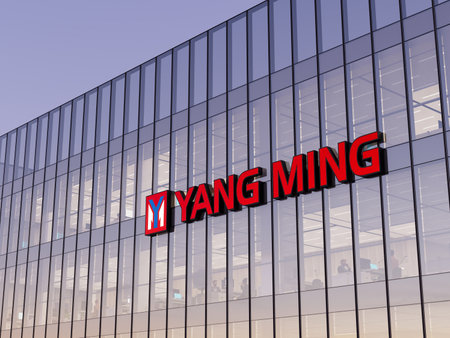Keelung City, Taiwan. May 2, 2022. Editorial Use Only, 3D CGI. Yang Ming Marine Transport Corporation Signage Logo Top Glass Building. Workplace Shipping Transport Company Highrise Office Headquartersのeditorial素材