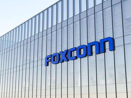 Taipei, Taiwan. May 2, 2022. Editorial Use Only, 3D CGI. Foxconn Hon Hai Precision Industry Co., Ltd. Company Signage Logo Building. Electronics Manufacturer High-rise Office Headquarters.のeditorial素材