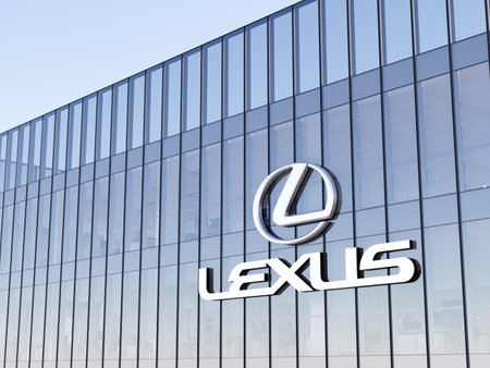Nagoya, Aichi, Japan. May 2, 2022. Editorial Use Only, 3D CGI. Lexus Motor Company Signage Logo on Top of Glass Building. Workplace Luxury Vehicles Automaker Office Headquarters.のeditorial素材