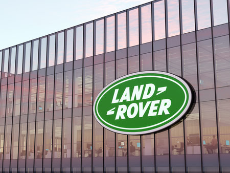 Whitley, Coventry, United Kingdom. May 2, 2022. Editorial Use Only, 3D CGI. Land Rover Signage Logo on Top of Glass Building. Automaker Manufacturer Company Office Headquarters.のeditorial素材