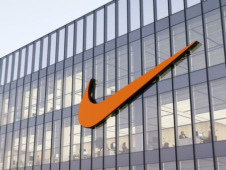 Beaverton, OR, USA. May 2, 2022. Editorial Use Only, 3D CGI. Nike Signage Logo on Top of Glass Building. Workplace Multinational Sportswear Company Office Headquarters.のeditorial素材