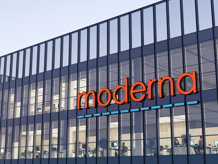 Cambridge, Massachusetts, USA. May 2, 2022. Editorial Use Only, 3D CGI. Moderna Signage Logo on Top of Glass Building. Workplace Healthcare Pharmaceutical Company Office Headquarters.