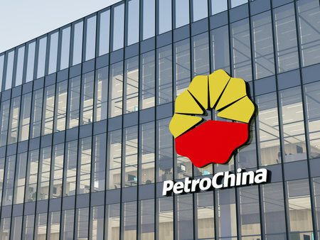 Beijing, China. May 2, 2022. Editorial Use Only, 3D CGI. PetroChina Signage Logo on Top of Glass Building. Workplace Gas Company Office Headquarters.のeditorial素材