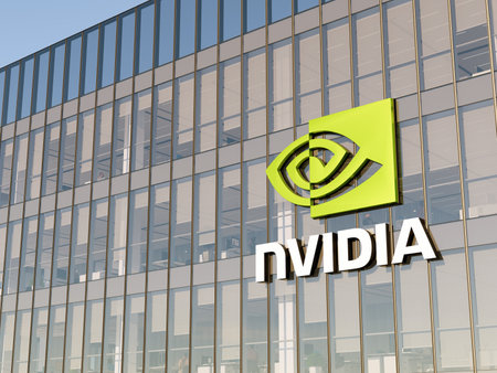 Santa Clara, CA, USA. May 2, 2022. Editorial Use Only, 3D CGI. Nvidia Signage Logo on Top of Glass Building. Workplace Software Technological Company Office Headquarters.のeditorial素材