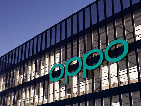 Dongguan, China. May 2, 2022. Editorial Use Only, 3D CGI. Oppo Signage Logo on Top of Glass...