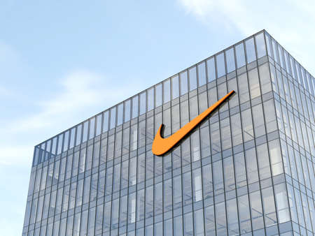 Beaverton, OR, USA. May 2, 2024. Editorial Use Only, 3D CGI. Nike Signage Logo on Top of Glass Building. Workplace Multinational Sportswear Company Office Headquarters.のeditorial素材