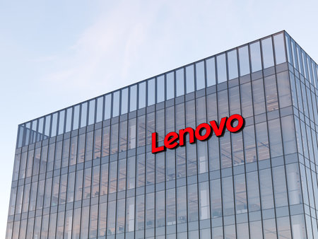 Quarry Bay, Hong Kong. May 2, 2024. Editorial Use Only, 3D CGI. Lenovo Signage Logo on Top of Glass Building. Multinational Consumer Electronics Company Office Headquarters.のeditorial素材