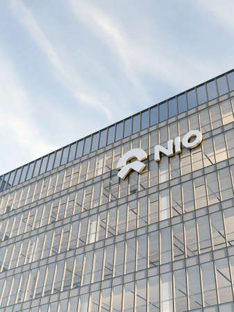 Shanghai, China. May 2, 2022. Editorial Use Only, 3D CGI. NIO Company Signage Logo on Top of Glass...