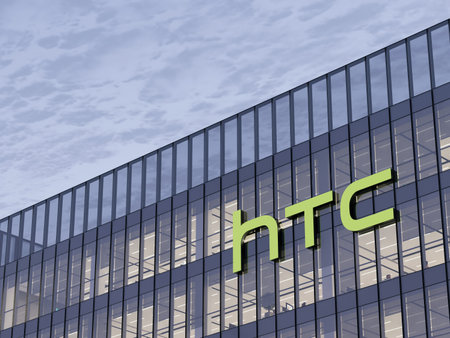 Taoyuan City, Taiwan. May 2, 2023. Editorial Use Only, 3D CGI. HTC Signage Logo on Top of Glass Building. Computer Manufacturing Company Office Headquarters.のeditorial素材