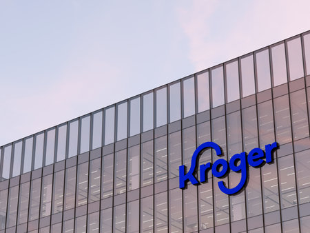 Cincinnati, OH, USA. May 2, 2023. Editorial Use Only, 3D CGI. Kroger Signage Logo on Top of Glass Building. Workplace Department Retail Store Company Office Headquarters.のeditorial素材