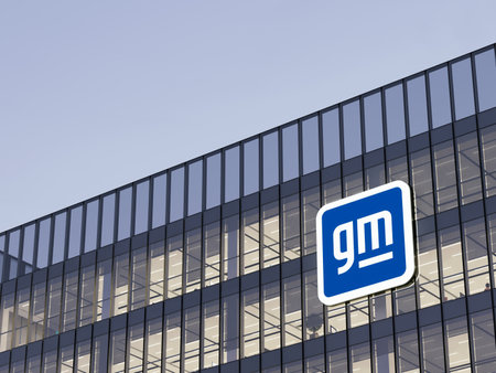 Detroit, MI, USA. May 2, 2023. Editorial Use Only, 3D CGI. General Motors Company Signage Logo on Top of Glass Building. Automobile Manufacturer in High-rise Office Headquarters.のeditorial素材