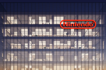 Kyoto, Japan. May 2, 2023. Editorial Use Only, 3D CGI. Nintendo Signage Logo on Top of Glass Building. Workplace Video Game Company Office Headquarters.のeditorial素材
