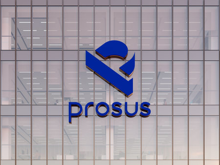 Amsterdam, Netherlands. May 2, 2023. Editorial Use Only, 3D CGI. Prosus Signage Logo on Top of Glass Building. Workplace Investment Company Office Headquarters.のeditorial素材