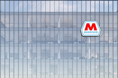 Findlay, OH, USA. May 2, 2022. Editorial Use Only, 3D CGI. Marathon Petroleum Corporation Signage Logo on Top of Glass Building. Workplace Petroleum Refineries Company Office Headquarters.のeditorial素材