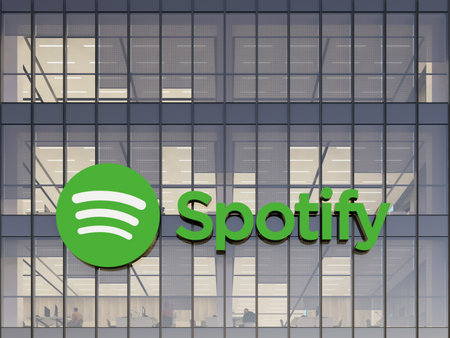 Stockholm, Sweden. May 2, 2023 Editorial Use Only, 3D CGI. Spotify Signage Logo on Building. Workplace Multinational Streaming and Media Services Company Office Headquarters.のeditorial素材