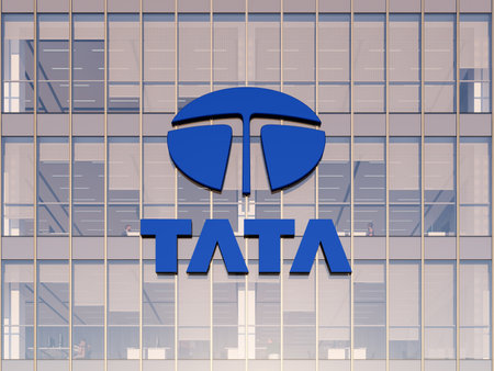 Mumbai, India. May 2, 2023. Editorial Use Only, 3D CGI. Tata Company Signage Logo on Top of Glass...