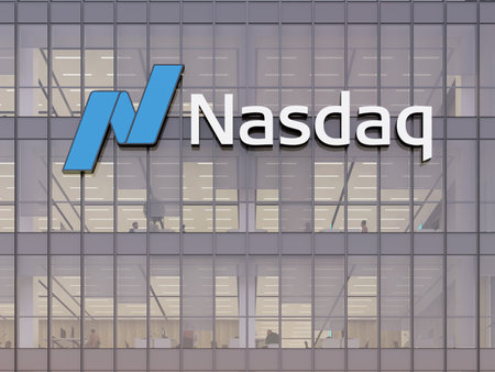 New York, NY, USA. May 2, 2023. Editorial Use Only, 3D CGI. Nasdaq Signage Logo on Top of Glass Building. Workplace Financial Services Company Office Headquarters.のeditorial素材