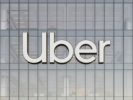 San Francisco, CA, USA. May 2, 2023. Editorial Use Only, 3D CGI. Uber Signage Logo on Top of Glass Building. Workplace Transport Company Office Headquarters.のeditorial素材