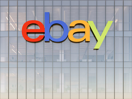 San Jose, CA, USA. May 2, 2023. Editorial Use Only, 3D CGI. eBay Signage Logo on Top of Glass Building. E-commerce Company Developer Corporation in High-rise Office Headquarters.のeditorial素材
