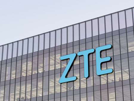 Shenzhen, China. May 2, 2023. Editorial Use Only, 3D CGI. ZTE Signage Logo on Top of Glass Building. Workplace Consumer Electronics Technological Company Office Headquarters.のeditorial素材