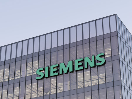 Munich, Germany. May 2, 2023. Editorial Use Only, 3D CGI. Siemens Signage Logo on Top of Glass Building. Workplace Automation Company Office Headquarters.のeditorial素材