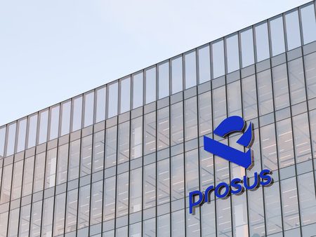 Amsterdam, Netherlands. May 2, 2023. Editorial Use Only, 3D CGI. Prosus Signage Logo on Top of Glass Building. Workplace Investment Company Office Headquarters.のeditorial素材