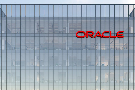 Austin, TX, USA. May 2, 2022. Editorial Use Only, 3D CGI. Oracle Signage Logo on Top of Glass Building. Workplace Computer Software Company Office Headquarters.のeditorial素材