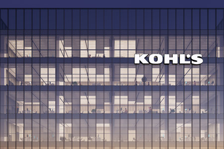 Menomonee Falls, WI, USA. May 2, 2022. Editorial Use Only, 3D CGI. Kohl's Signage Logo on Top of Glass Building. Workplace Department Store Company Office Headquarters.のeditorial素材