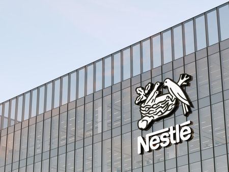 Vevey, Switzerland. May 2, 2023. Editorial Use Only, 3D CGI. Nestle Signage Logo on Top of Glass Building. Workplace Food Company Office Headquarters.のeditorial素材