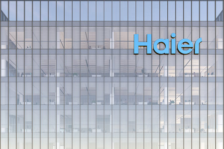 Qingdao, China. May 2, 2022. Editorial Use Only, 3D CGI. Haier Signage Logo on Top of Glass Building. Workplace of Home Appliance Company Office Headquarters.のeditorial素材