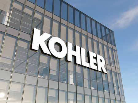 Kohler, WI, USA. May 2, 2022. Editorial Use Only, 3D CGI. Kohler Signage Logo on Top of Glass Building. Workplace Manufacturing Company Office Headquarters.のeditorial素材