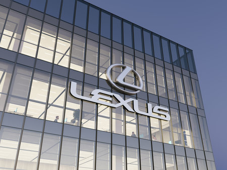 Nagoya, Aichi, Japan. May 2, 2022. Editorial Use Only, 3D CGI. Lexus Motor Company Signage Logo on Top of Glass Building. Workplace Luxury Vehicles Automaker Office Headquarters.のeditorial素材