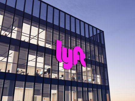 San Francisco, CA, USA. May 2, 2022. Editorial Use Only, 3D CGI. Lyft Signage Logo on Top of Glass Building. Workplace Transport Company Office Headquarters.のeditorial素材