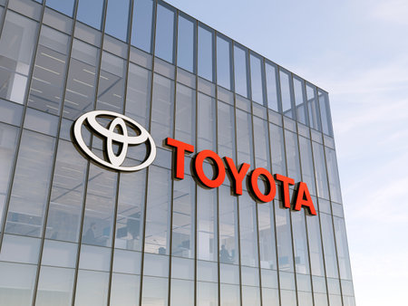 Toyota, Aichi, Japan. May 2, 2022. Editorial Use Only, 3D CGI. Toyota Company Signage Logo on Top of Glass Building. Workplace Vehicles Automaker Office Headquarters.のeditorial素材