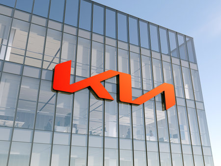 Seoul, South Korea. May 2, 2022. Editorial Use Only, 3D CGI. KIA Motor Signage Logo on Top of Glass Building. Automotive Manufacturer Company Office Headquarters.のeditorial素材