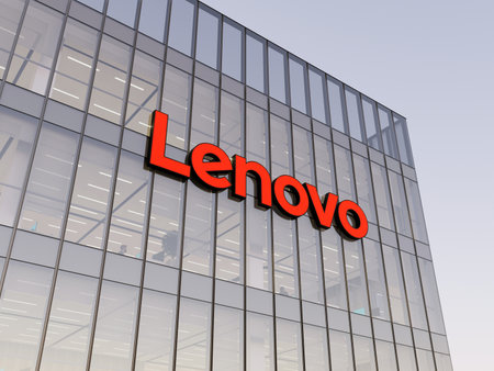 Quarry Bay, Hong Kong. May 2, 2022. Editorial Use Only, 3D CGI. Lenovo Signage Logo on Top of Glass Building. Multinational Consumer Electronics Company Office Headquarters.のeditorial素材