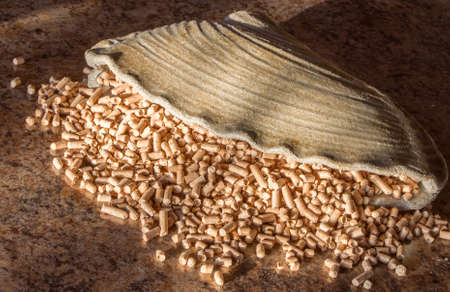 Pellets - the new eco-friendly fuel, made from pine wood shavings. Pellets are more environmentally friendly than coal. Pellets emit only half as much heat Nathon than natural gas per cubic meter.の写真素材