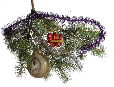 Christmas vintage toys on Christmas tree branch. Illustration for the New Year holiday and Christmas on a white background. Isolate.の写真素材