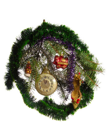 Christmas vintage toys on Christmas tree branch. Illustration for the New Year holiday and Christmas on a white background. Isolate.の写真素材