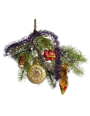 Christmas vintage toys on Christmas tree branch. Illustration for the New Year holiday and Christmas on a white background. Isolate.の写真素材