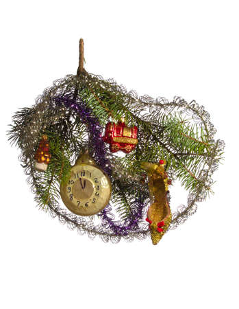 Christmas vintage toys on Christmas tree branch. Illustration for the New Year holiday and Christmas on a white background. Isolate.の写真素材