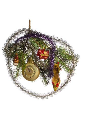 Christmas vintage toys on Christmas tree branch. Illustration for the New Year holiday and Christmas on a white background. Isolate.の写真素材