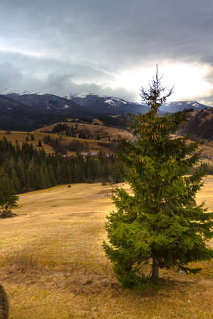 Typical Ukrainian Landscape Autumn in the Ukrainian Carpathians. Severe snow-covered rocks. Poloniny. Grass. Haystacks. Highlands.の写真素材