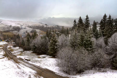 Typical Ukrainian Landscape Winter in the Ukrainian Carpathians. Severe snow-covered rocks. Poloniny. Grass. Haystacks. Highlands.の写真素材