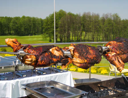 Grilled meat on a spit of veal leg during a picnic after a game of golfの写真素材