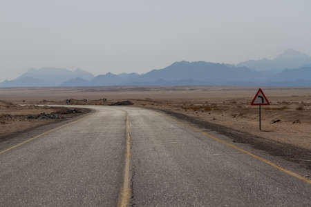 Sinai desert and mountains in the blue-gray haze and the roadの写真素材