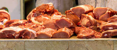 Sale of raw meat on the market, Mukacheve, Ukraineの写真素材