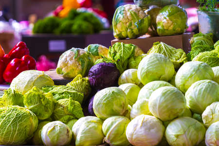 Vegetables and greens on the counter of the central market of the city of Mukacheveの写真素材