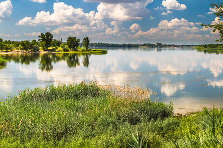 River Dnieper, bay, reeds, sedge, houses, trees, summer. Ukrainian native landscapes.の写真素材