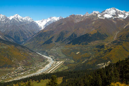 Mountain airport, Mestia, Georgia. The runway is visible.の写真素材